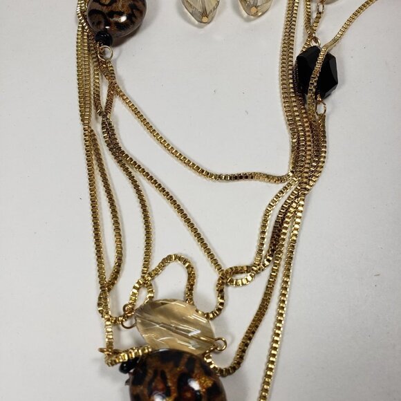 Layered Beaded Gold tone Long Necklace W/ matching Earrings - Women Jewelry - Picture 7 of 11